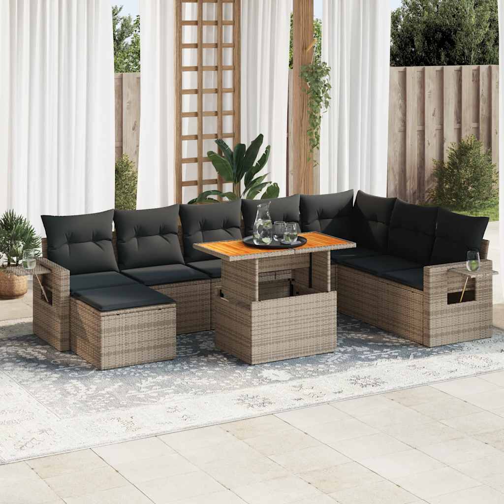 Set Divano da Giardino 9 pz con Cuscini Grigio in Polyrattan