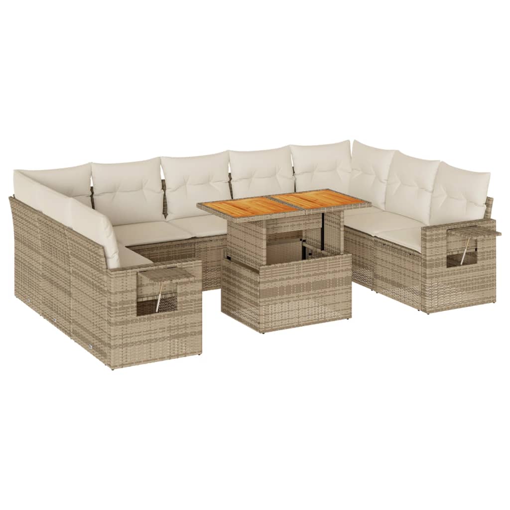 Set Divano da Giardino 10 pz con Cuscini Beige in Polyrattan