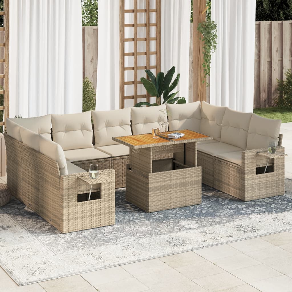 Set Divano da Giardino 10 pz con Cuscini Beige in Polyrattan