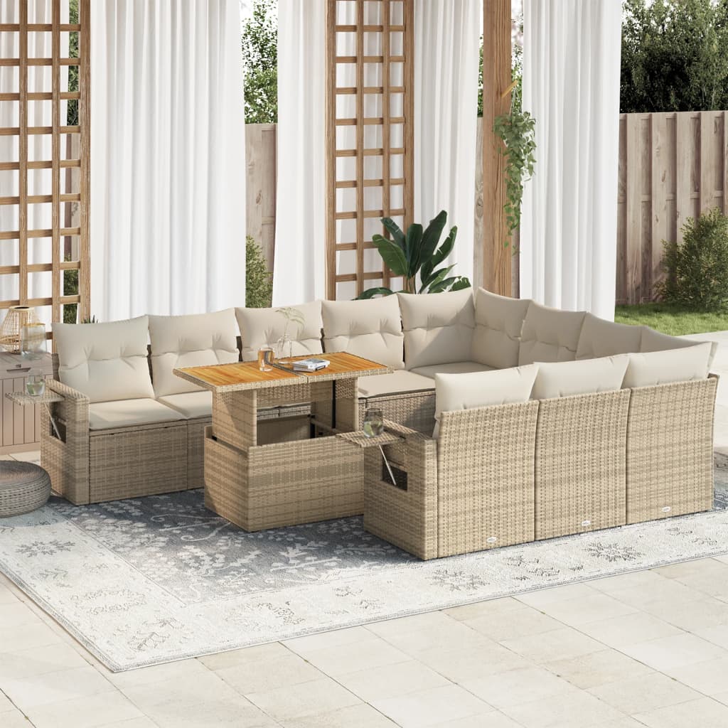 Set Divani da Giardino 11 pz con Cuscini Beige in Polyrattan