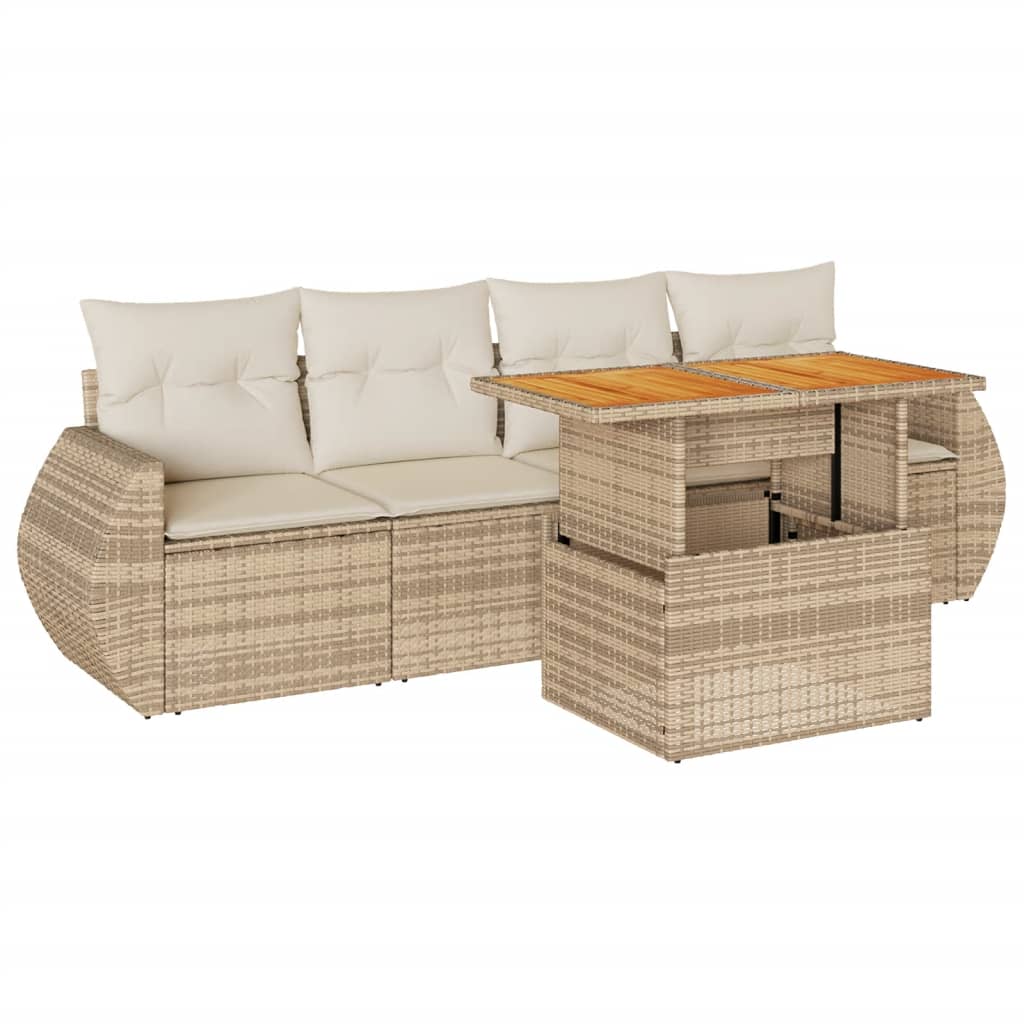 Set Divano da Giardino 5 pz con Cuscini Beige in Polyrattan