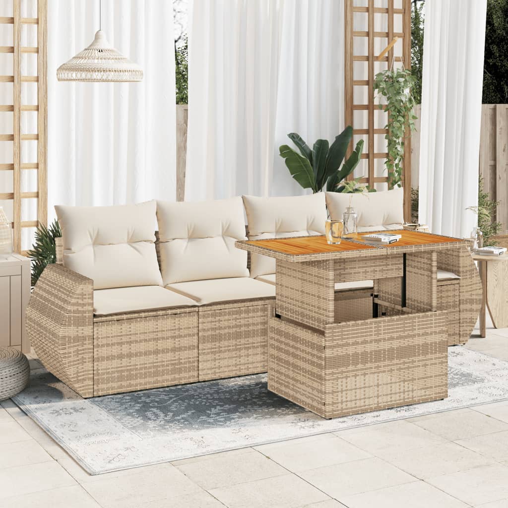 Set Divano da Giardino 5 pz con Cuscini Beige in Polyrattan