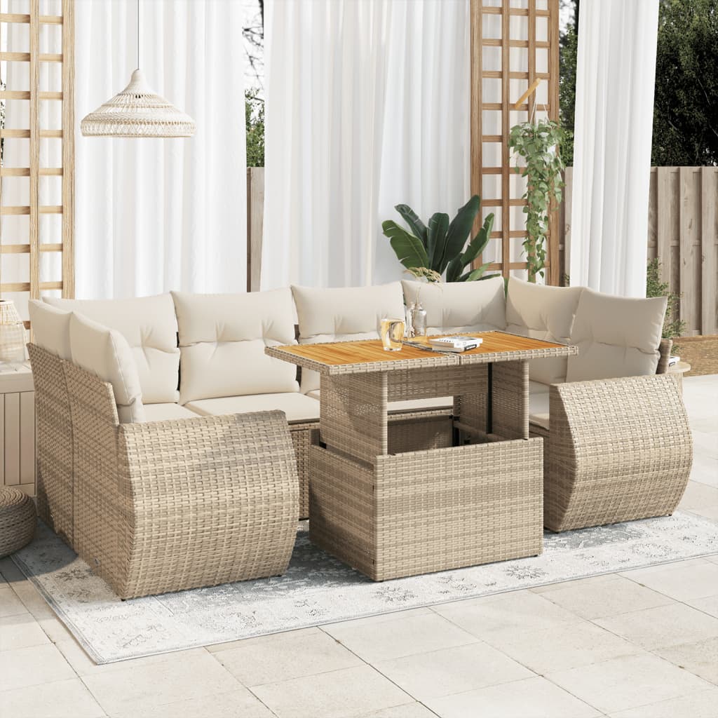 Set Divani da Giardino 7 pz con Cuscini Beige in Polyrattan