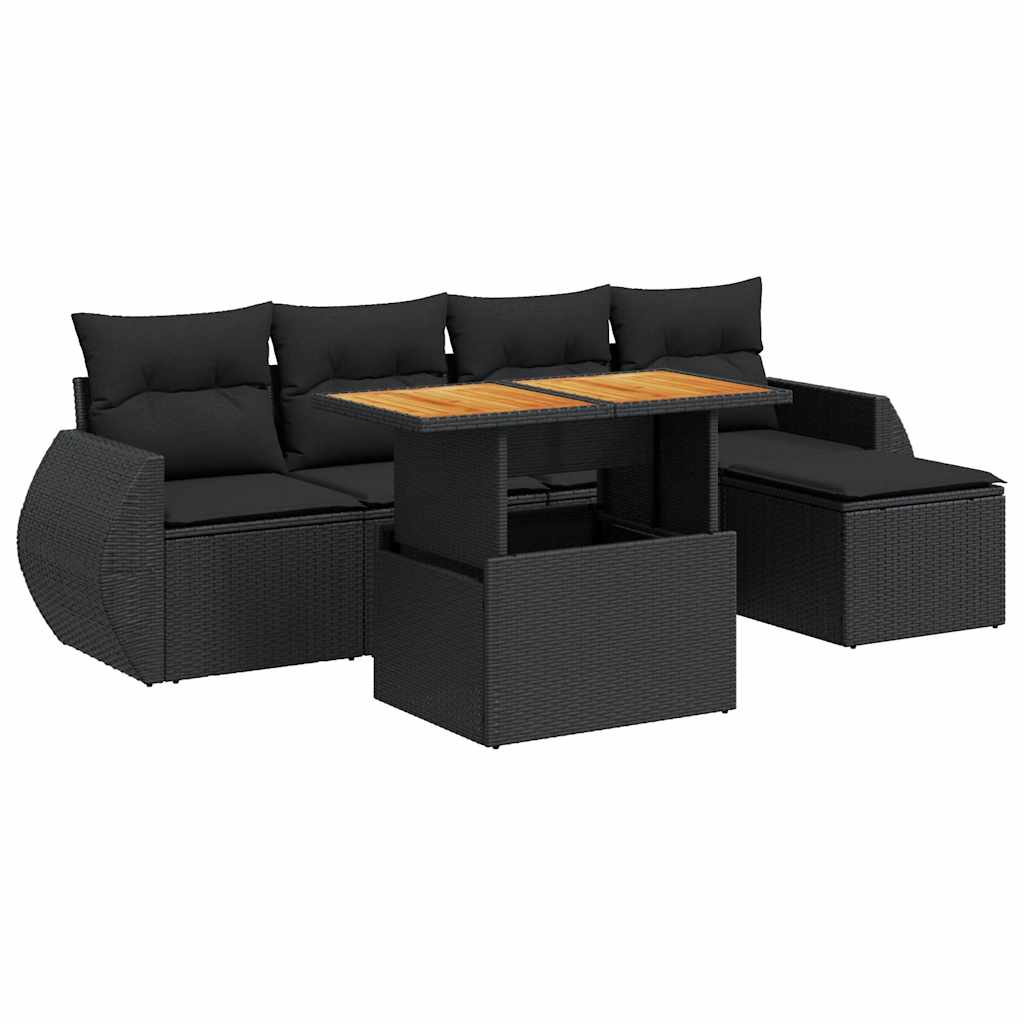 Set Divano da Giardino 6 pz con Cuscini Nero in Polyrattan