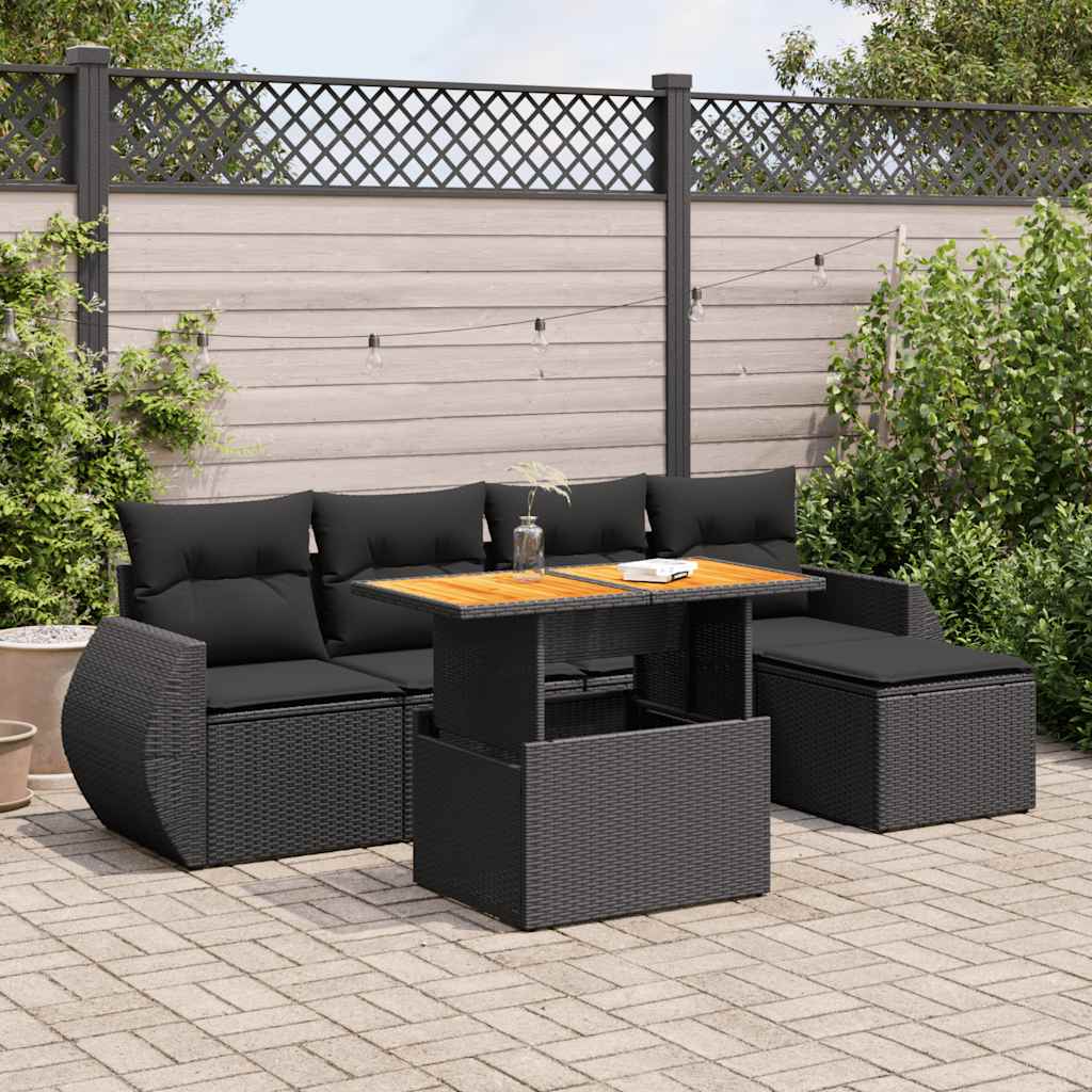 Set Divano da Giardino 6 pz con Cuscini Nero in Polyrattan