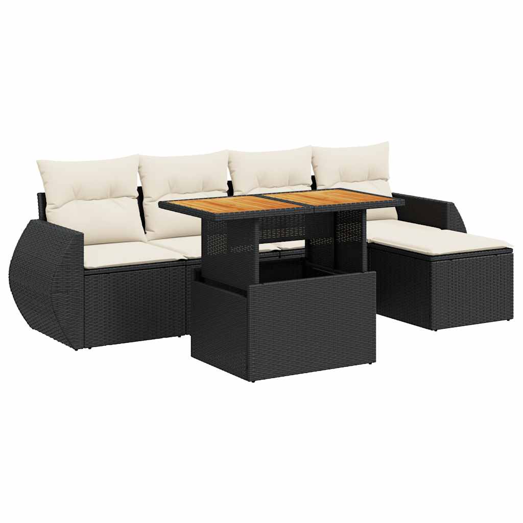 Set Divano da Giardino 6 pz con Cuscini Nero in Polyrattan