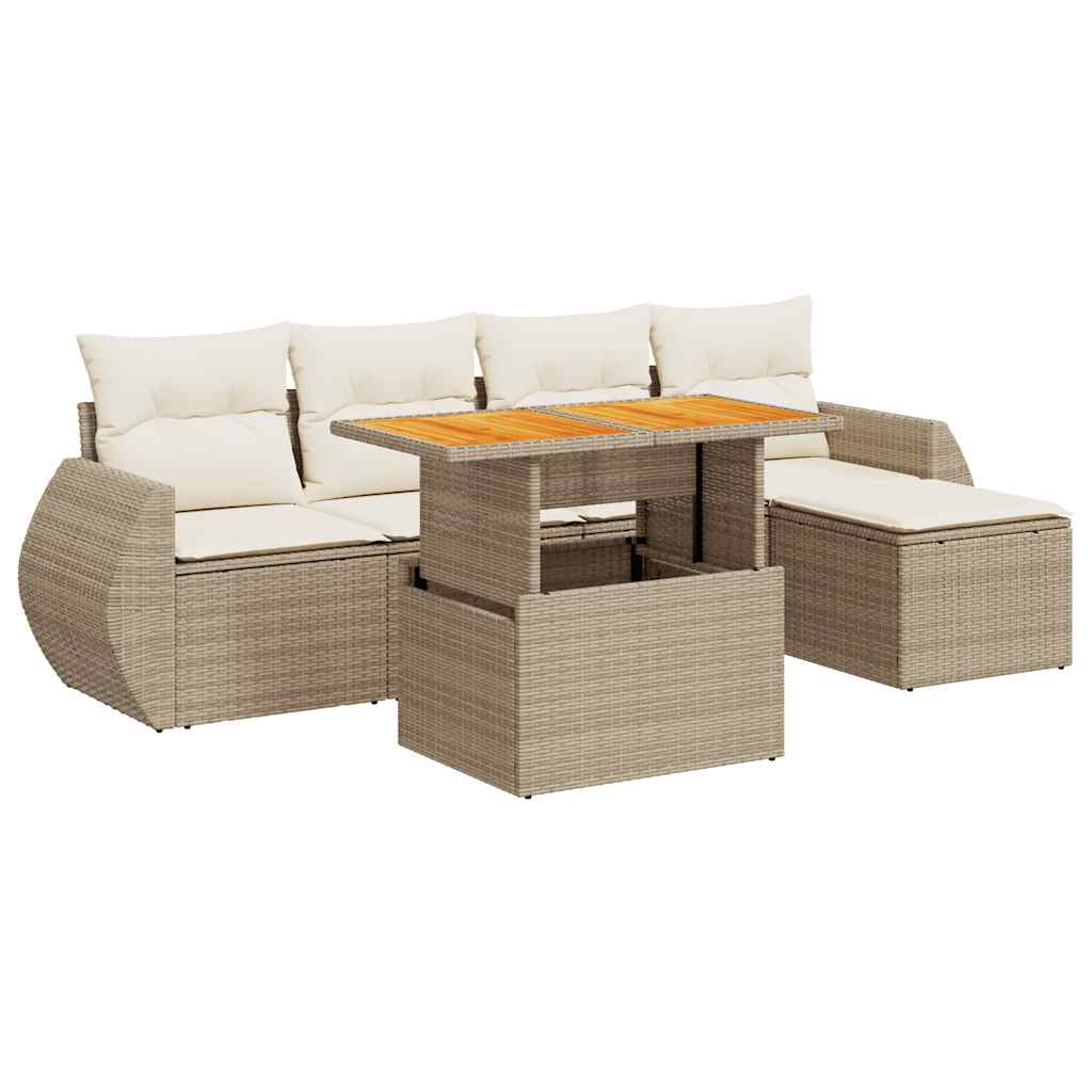 Set Divano da Giardino 6 pz con Cuscini Beige in Polyrattan