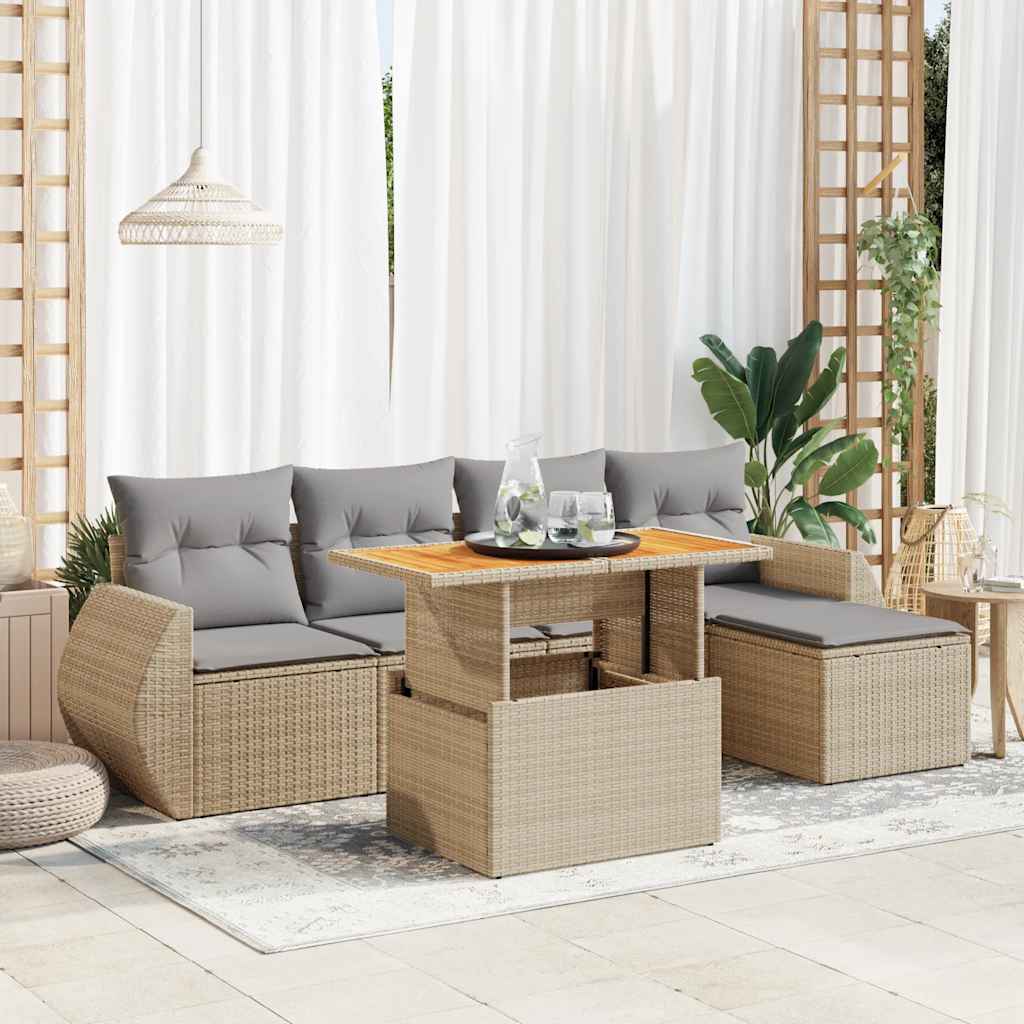 Set Divano da Giardino 6 pz con Cuscini Beige in Polyrattan