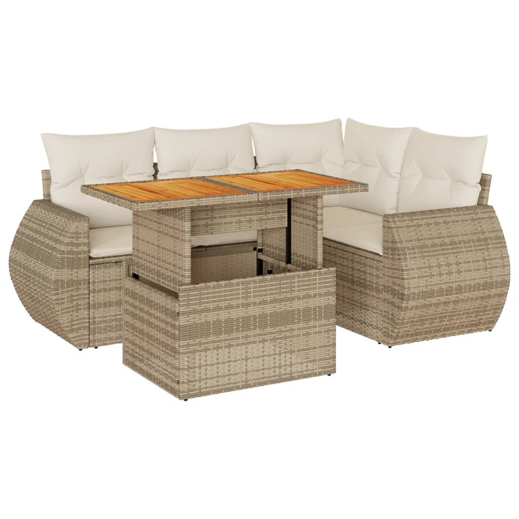 Set Divano da Giardino 5 pz con Cuscini Beige in Polyrattan