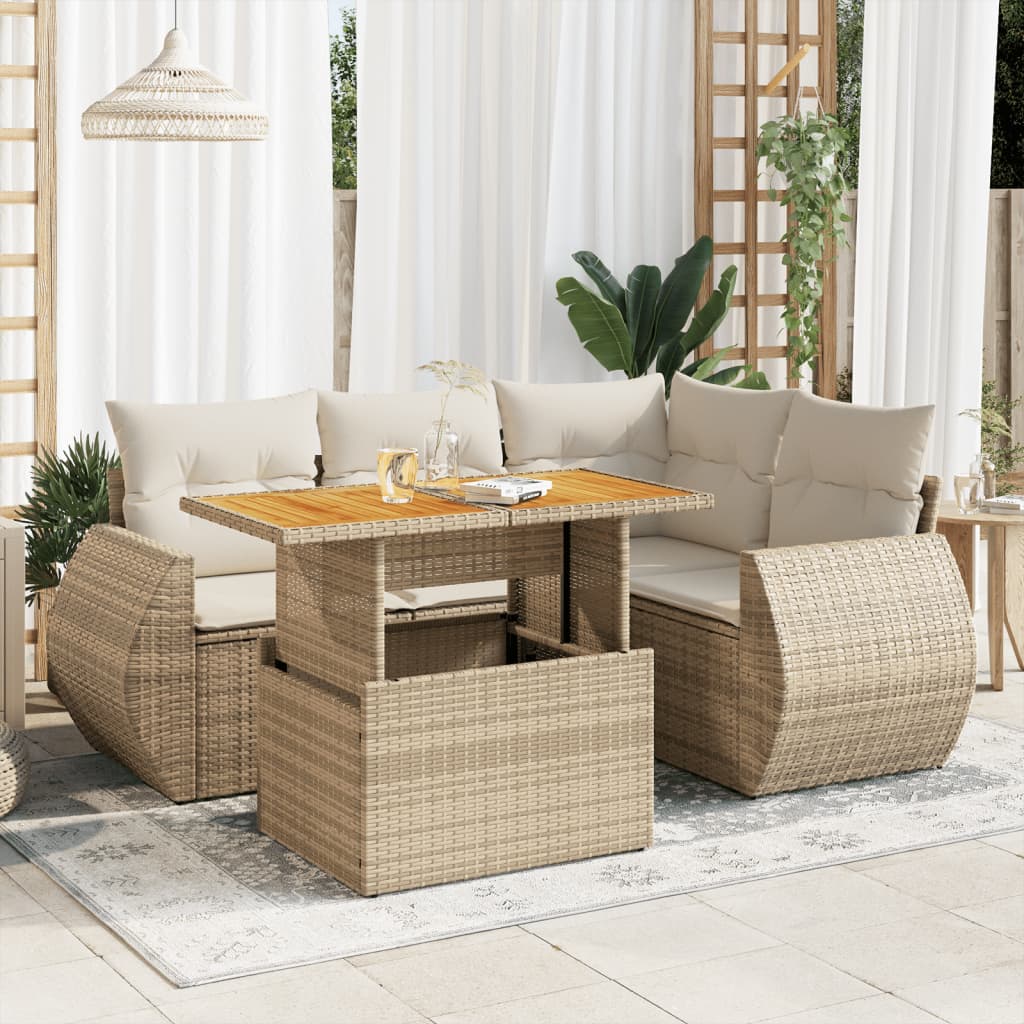 Set Divano da Giardino 5 pz con Cuscini Beige in Polyrattan