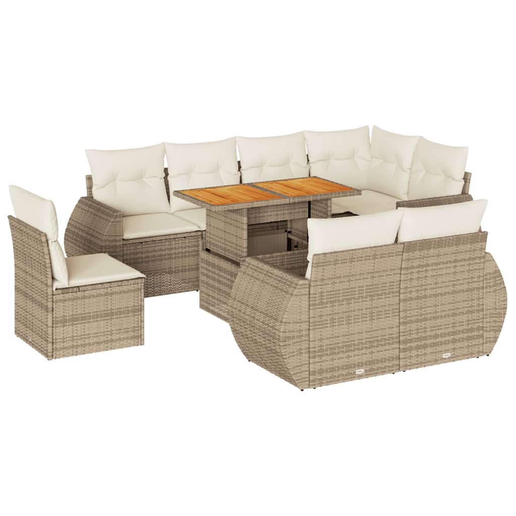 Set Divano da Giardino 9 pz con Cuscini Beige in Polyrattan