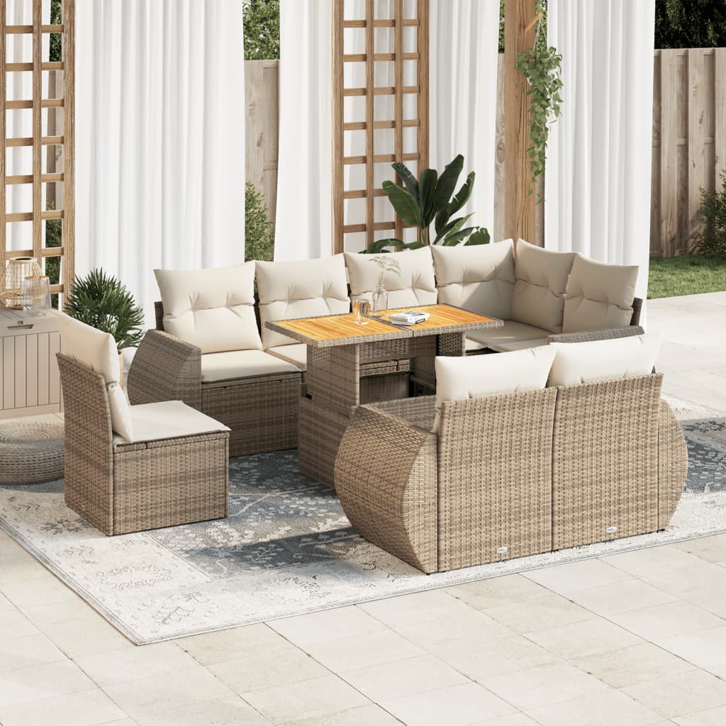 Set Divano da Giardino 9 pz con Cuscini Beige in Polyrattan