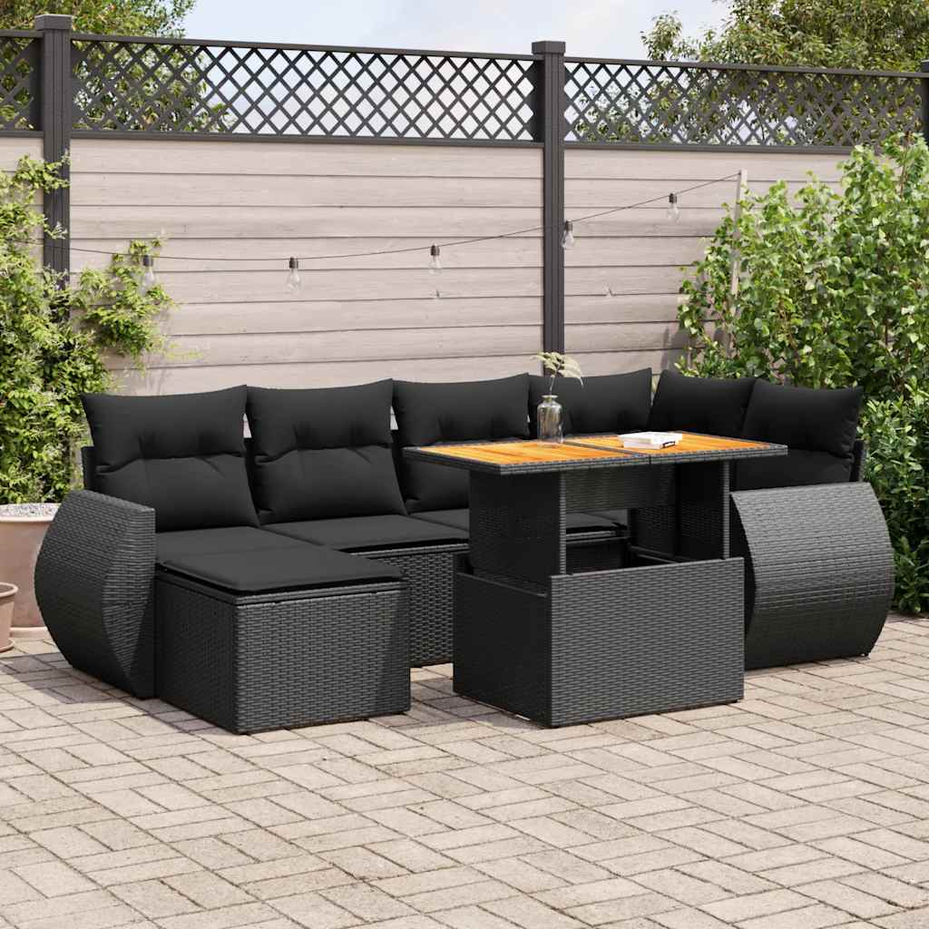 Set Divani da Giardino con Cuscini 7pz Nero Polyrattan