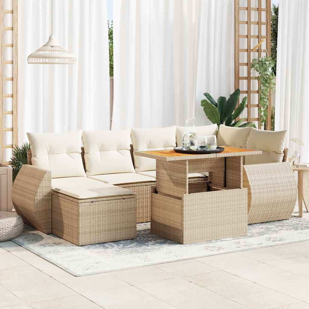 Set Divani da Giardino 7 pz con Cuscini Beige in Polyrattan