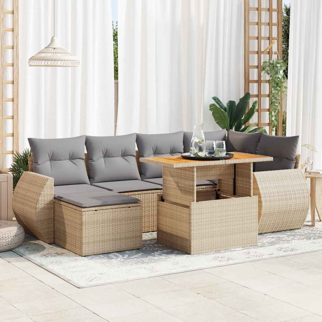 Set Divani da Giardino 7 pz con Cuscini Beige in Polyrattan