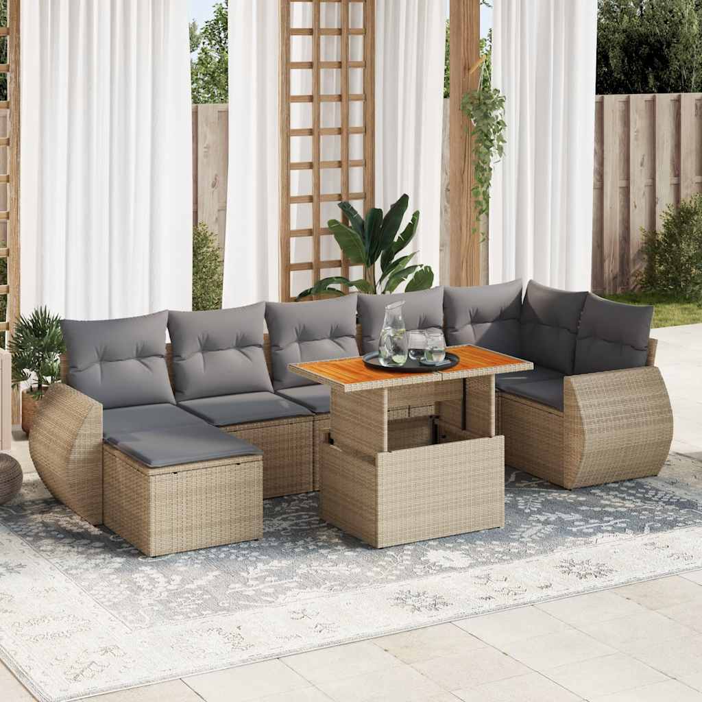 Set Divano da Giardino 8 pz con Cuscini Beige in Polyrattan