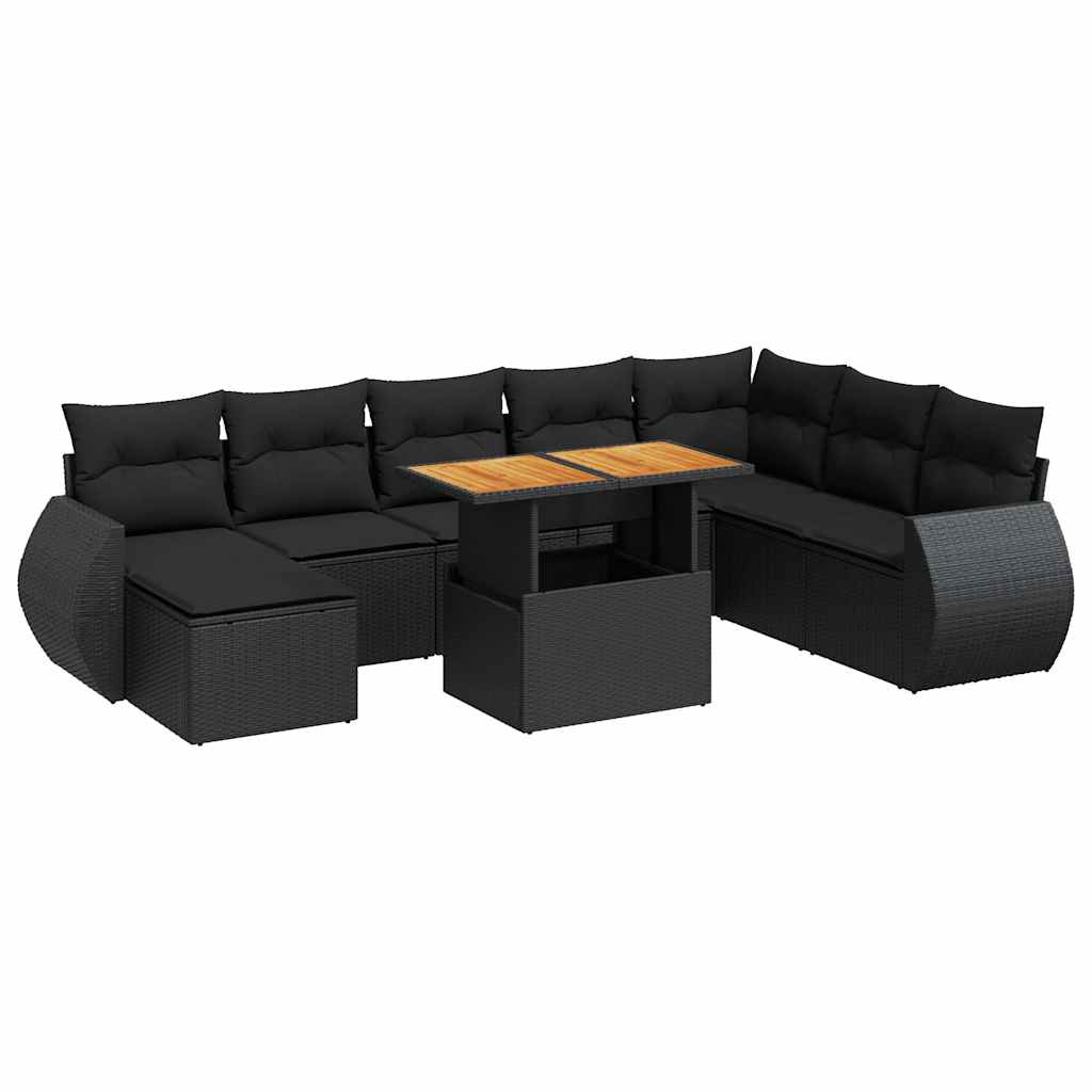 Set Divani da Giardino 9 pz con Cuscini Nero in Polyrattan