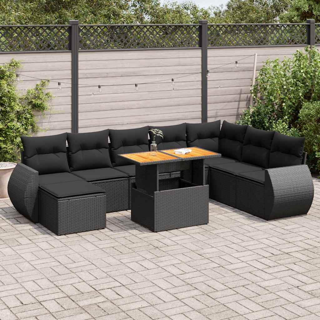 Set Divani da Giardino 9 pz con Cuscini Nero in Polyrattan