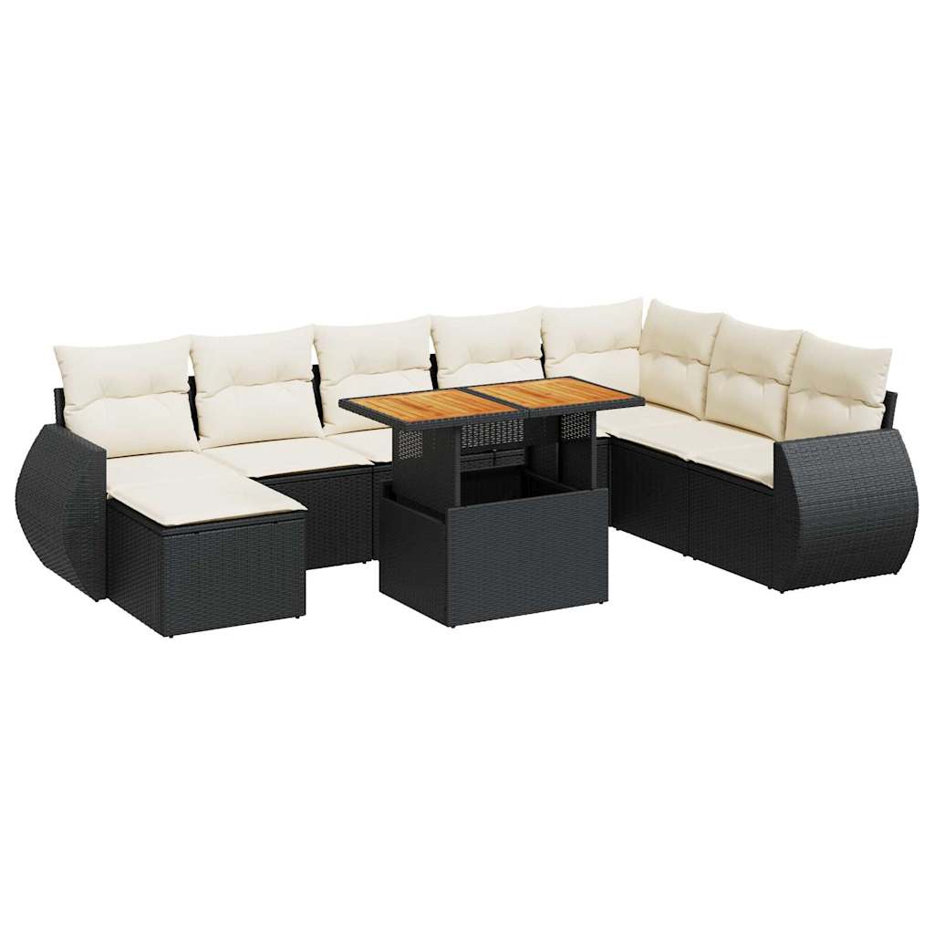 Set Divani da Giardino 9 pz con Cuscini Nero in Polyrattan