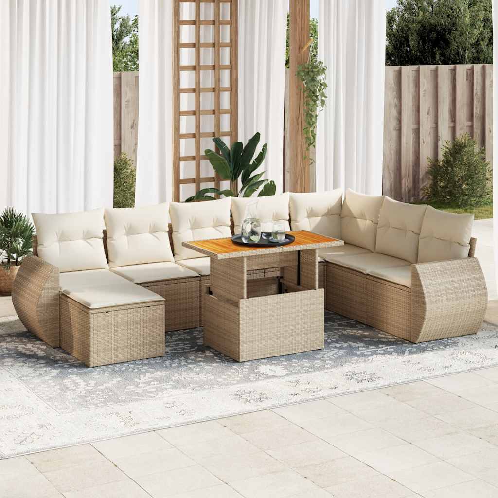 Set Divano da Giardino 9 pz con Cuscini Beige in Polyrattan