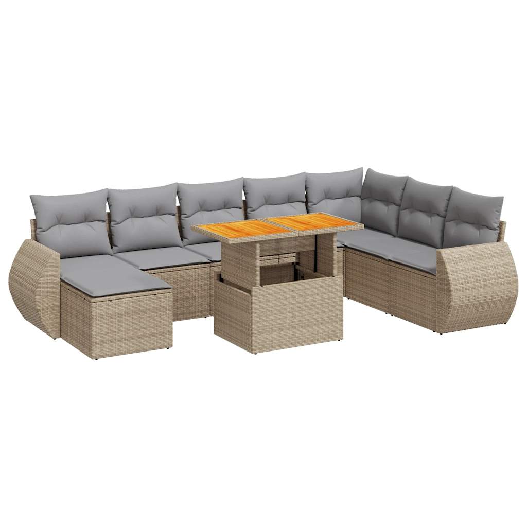 Set Divano da Giardino 9 pz con Cuscini Beige in Polyrattan