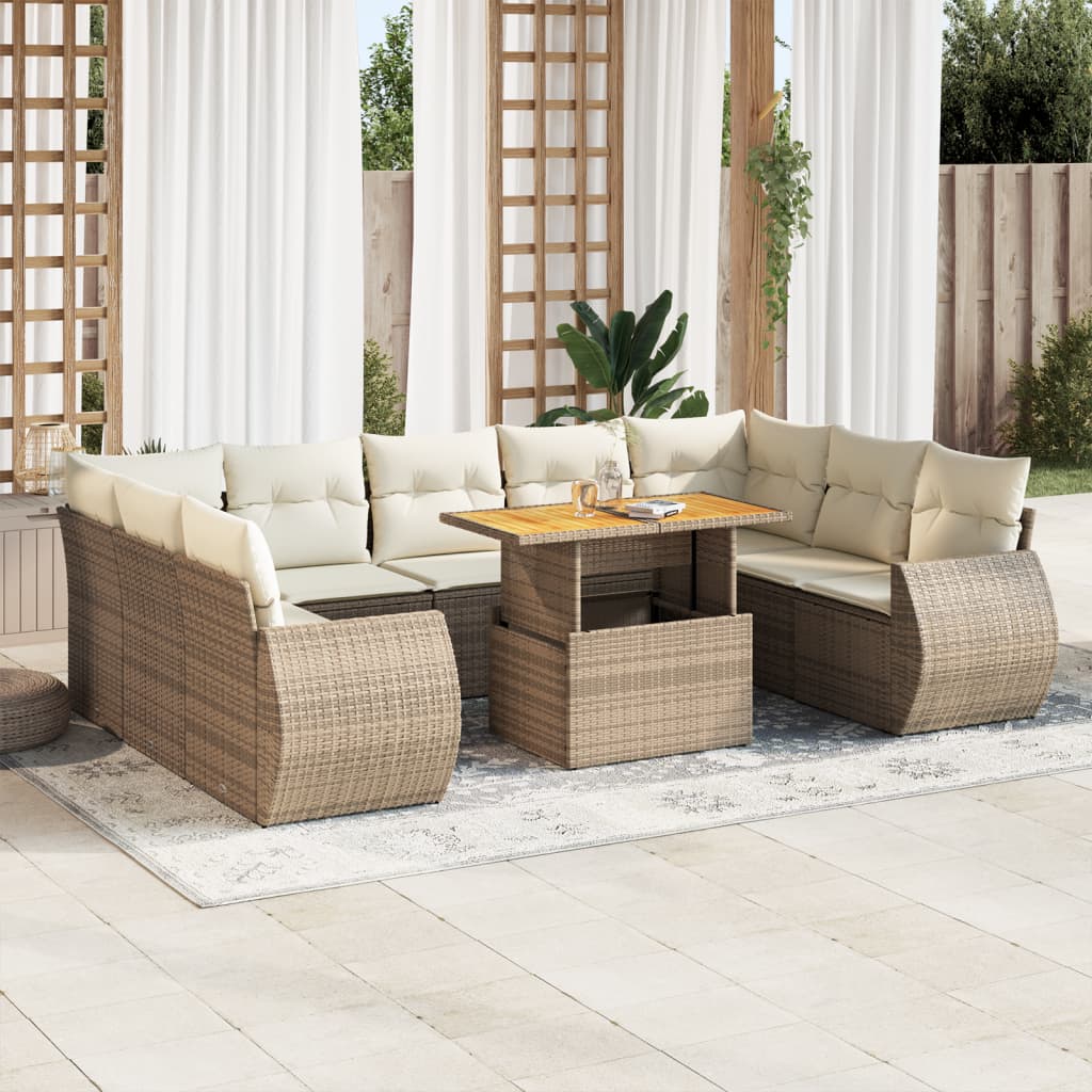 Set Divano da Giardino 10 pz con Cuscini Beige in Polyrattan