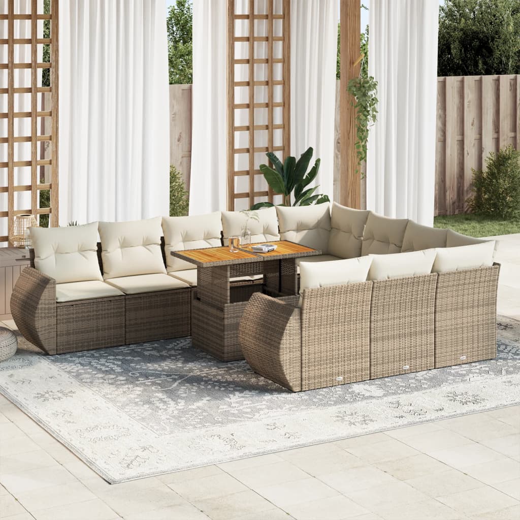 Set Divani da Giardino 11 pz con Cuscini Beige in Polyrattan