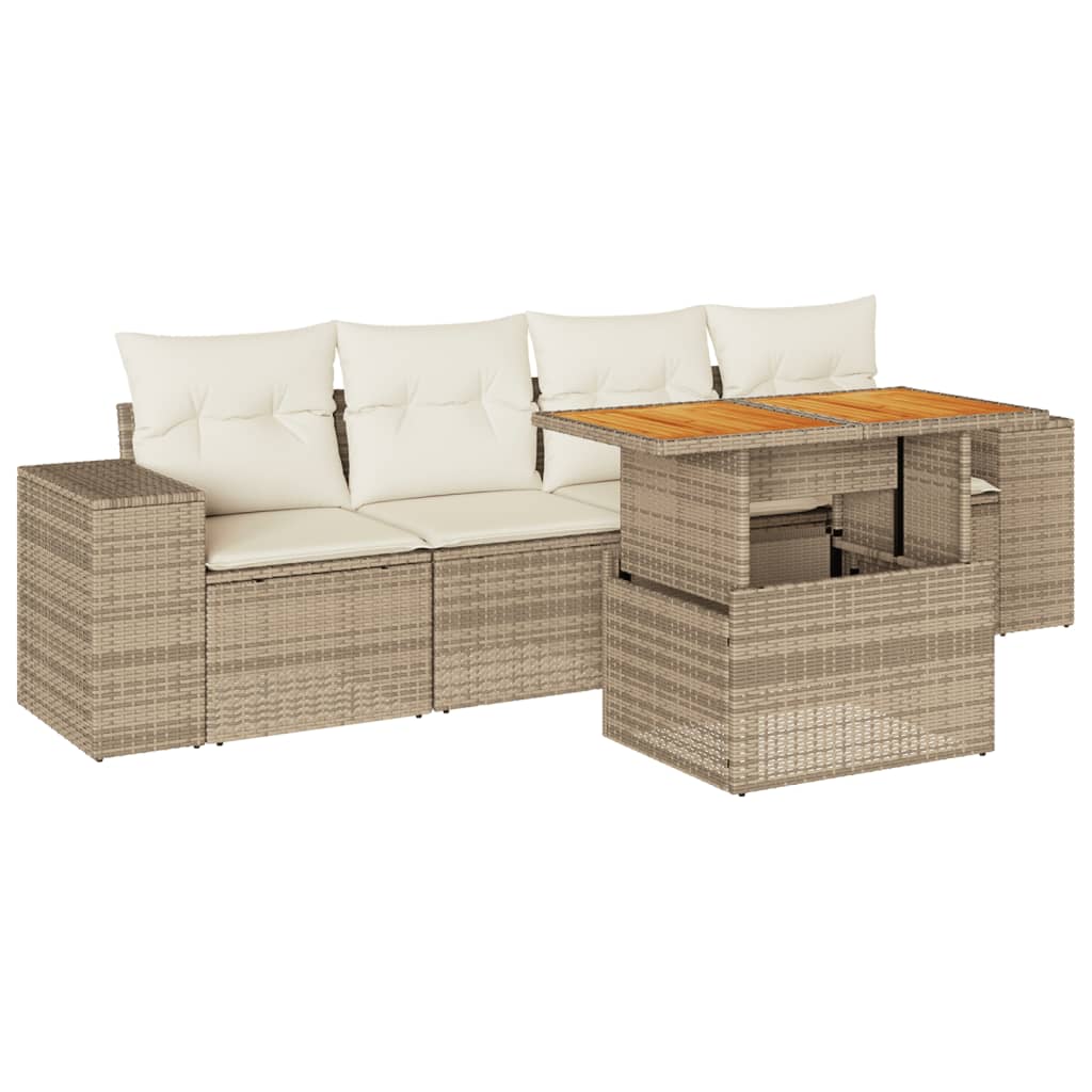 Set Divano da Giardino 5 pz con Cuscini Beige in Polyrattan