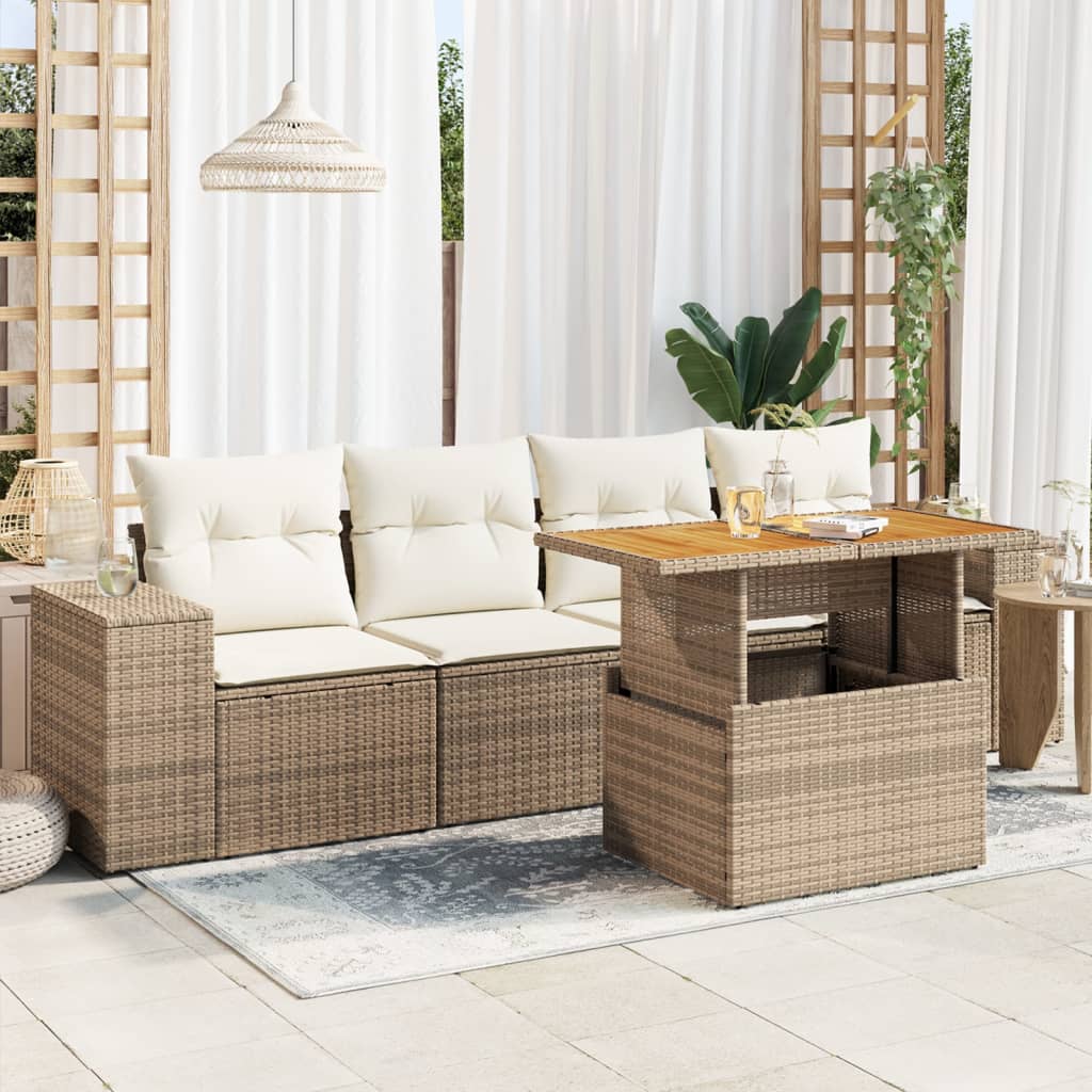 Set Divano da Giardino 5 pz con Cuscini Beige in Polyrattan