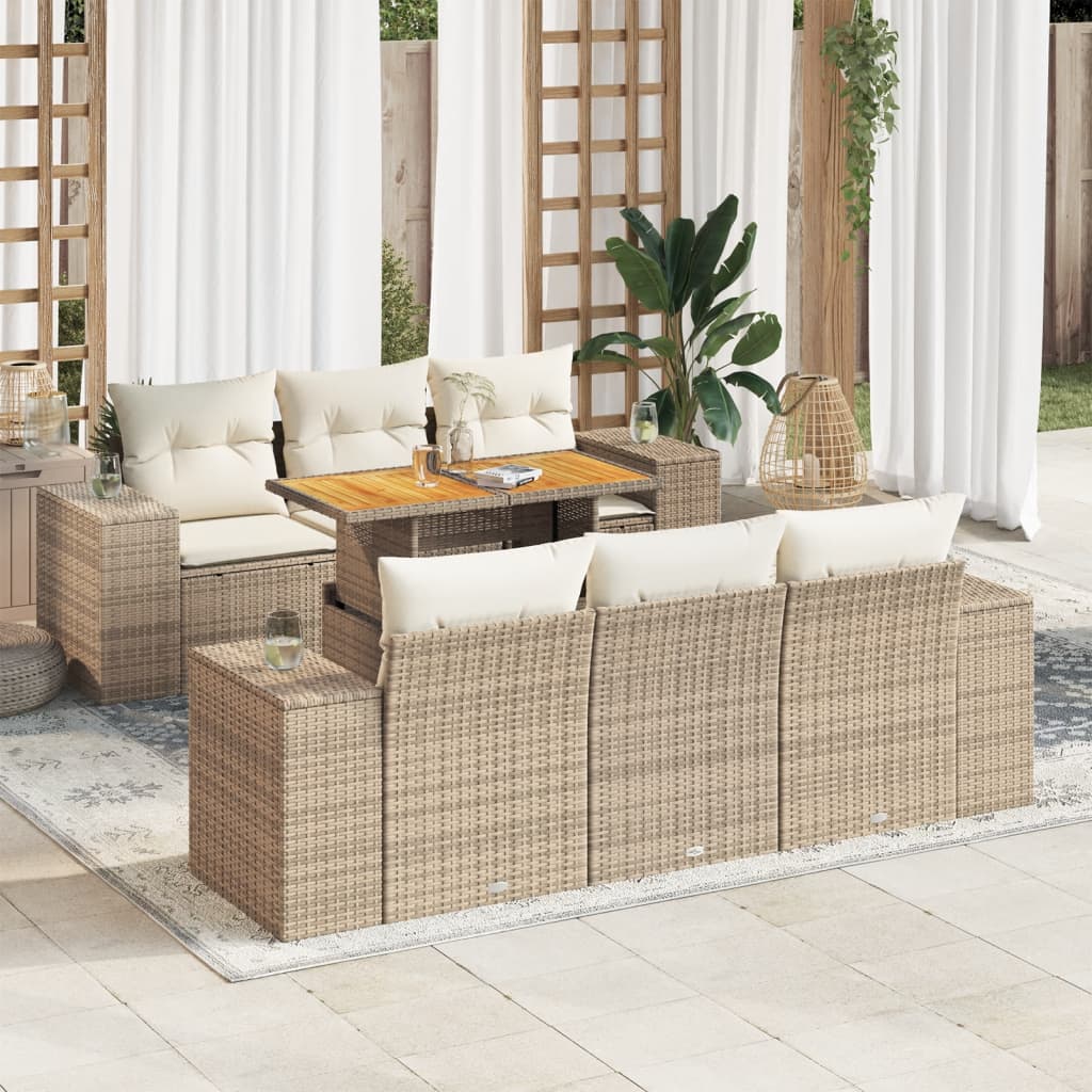 Set Divani da Giardino 7 pz con Cuscini Beige in Polyrattan