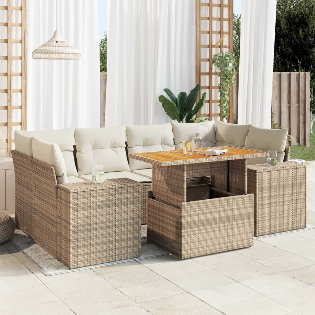 Set Divani da Giardino 7 pz con Cuscini Beige in Polyrattan