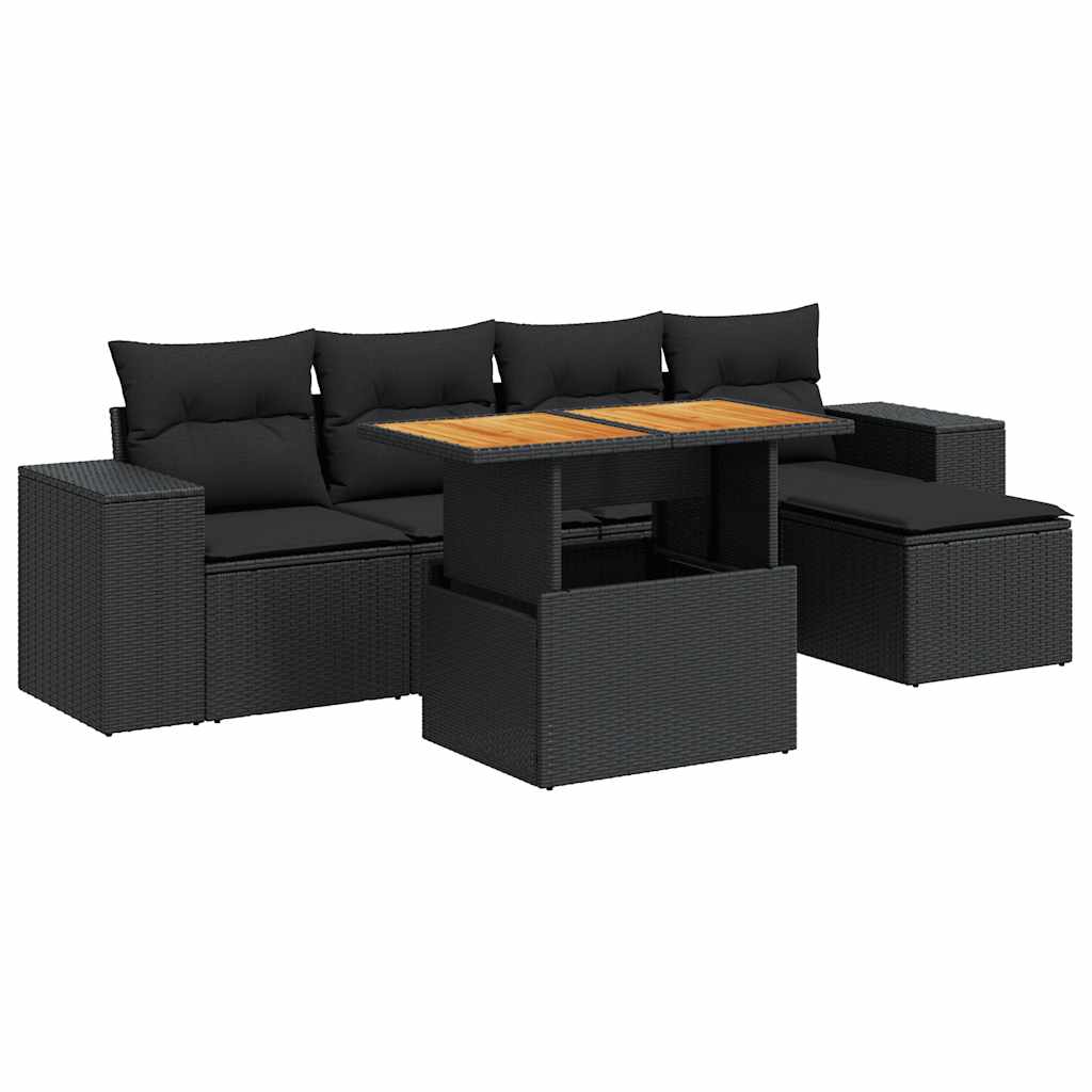 Set Divano da Giardino 6 pz con Cuscini Nero in Polyrattan