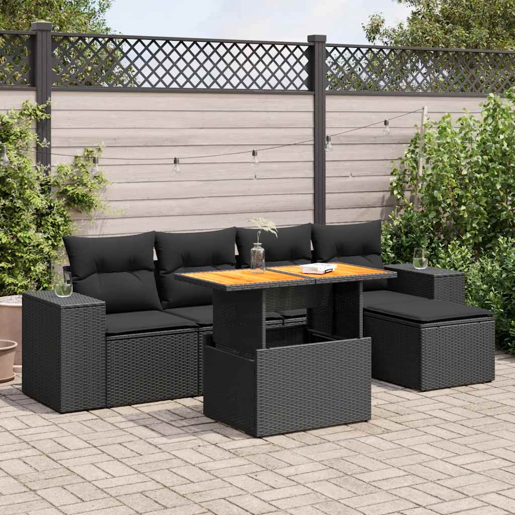 Set Divano da Giardino 6 pz con Cuscini Nero in Polyrattan