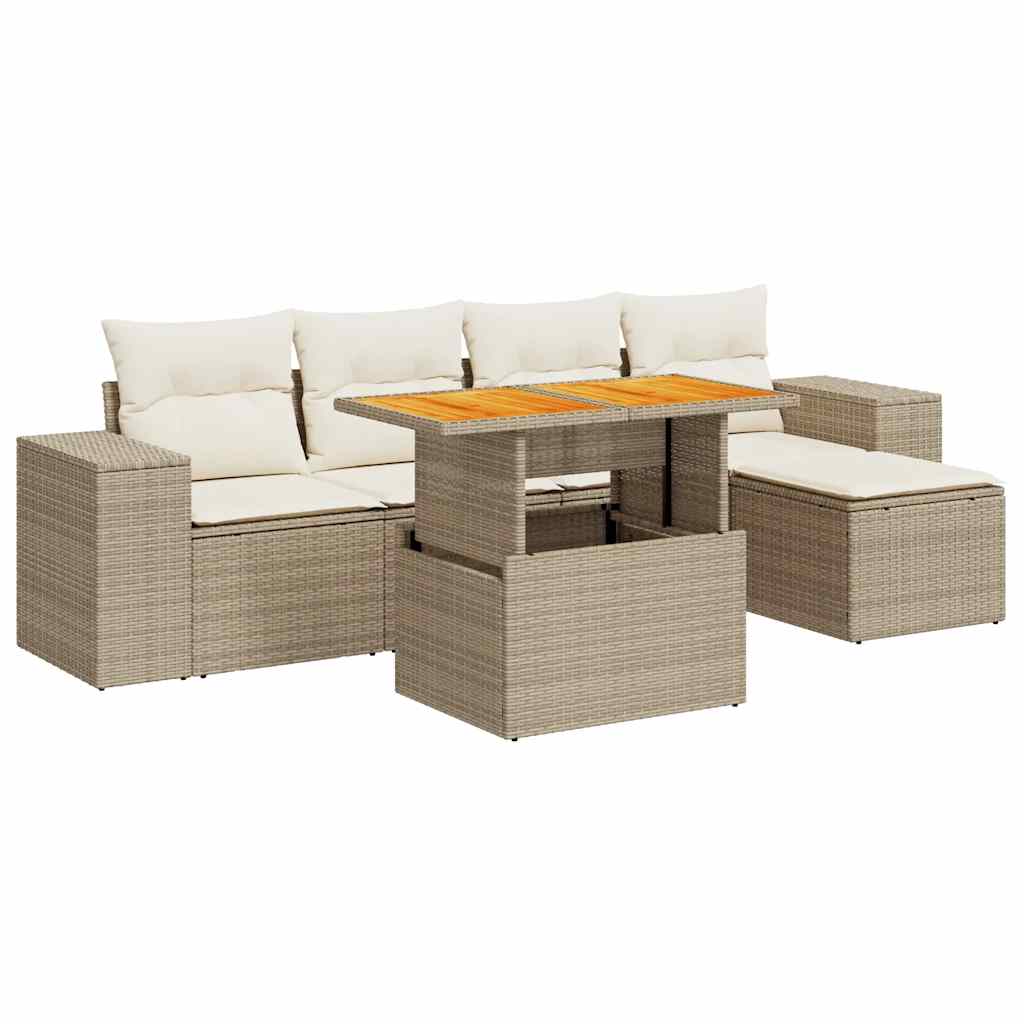 Set Divano da Giardino 6 pz con Cuscini Beige in Polyrattan