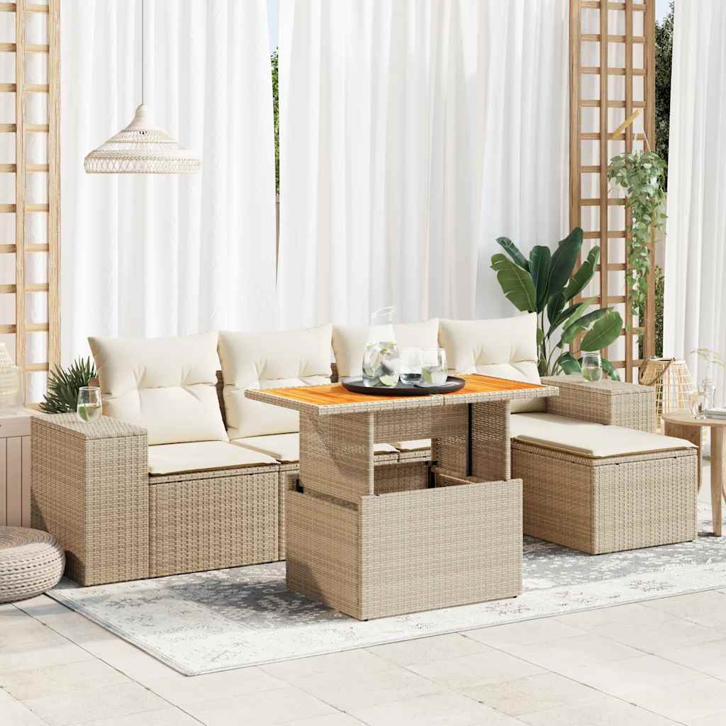 Set Divano da Giardino 6 pz con Cuscini Beige in Polyrattan