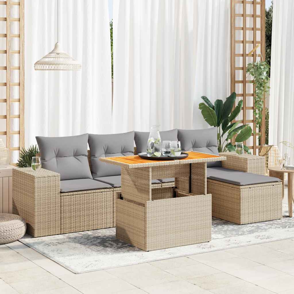 Set Divano da Giardino 6 pz con Cuscini Beige in Polyrattan