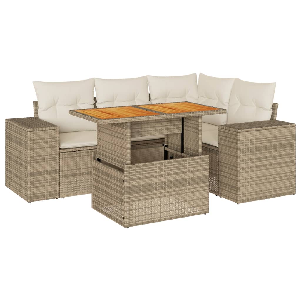 Set Divano da Giardino 5 pz con Cuscini Beige in Polyrattan