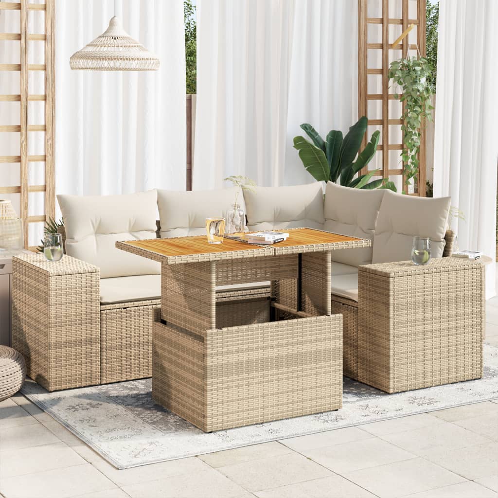 Set Divano da Giardino 5 pz con Cuscini Beige in Polyrattan