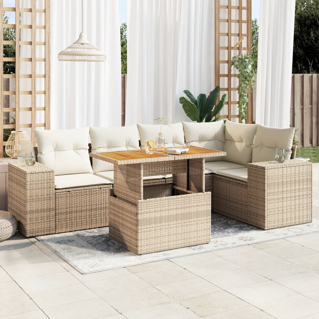 Set Divano da Giardino 6 pz con Cuscini Beige in Polyrattan