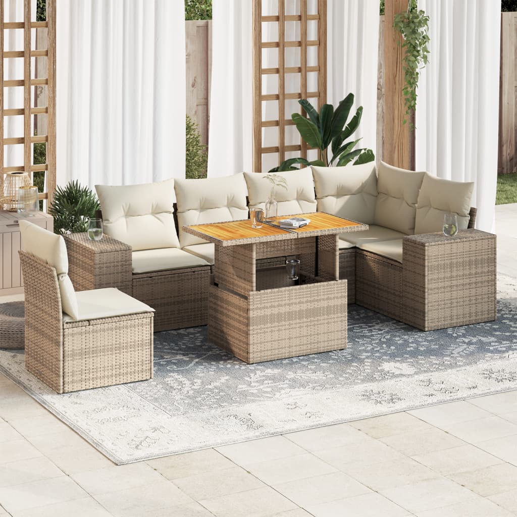 Set Divani da Giardino 7 pz con Cuscini Beige in Polyrattan