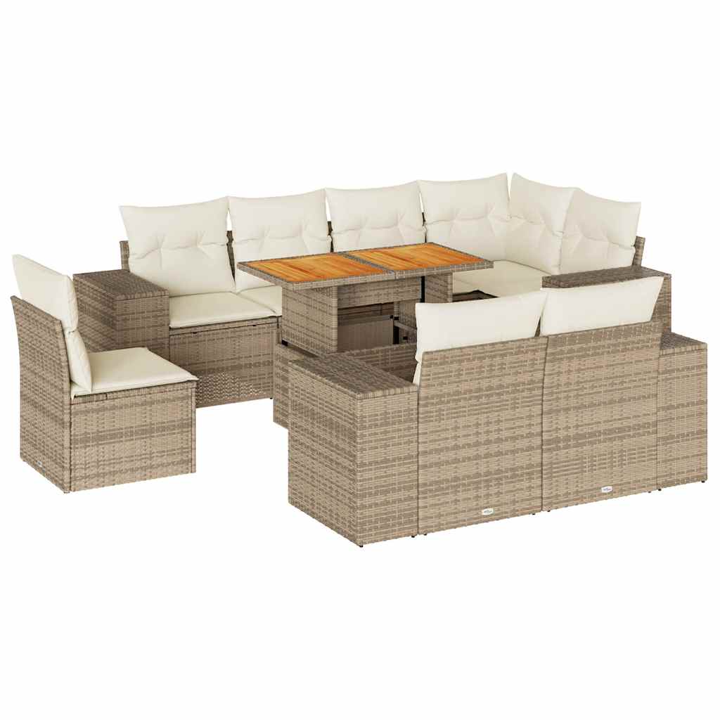 Set Divano da Giardino 9 pz con Cuscini Beige in Polyrattan