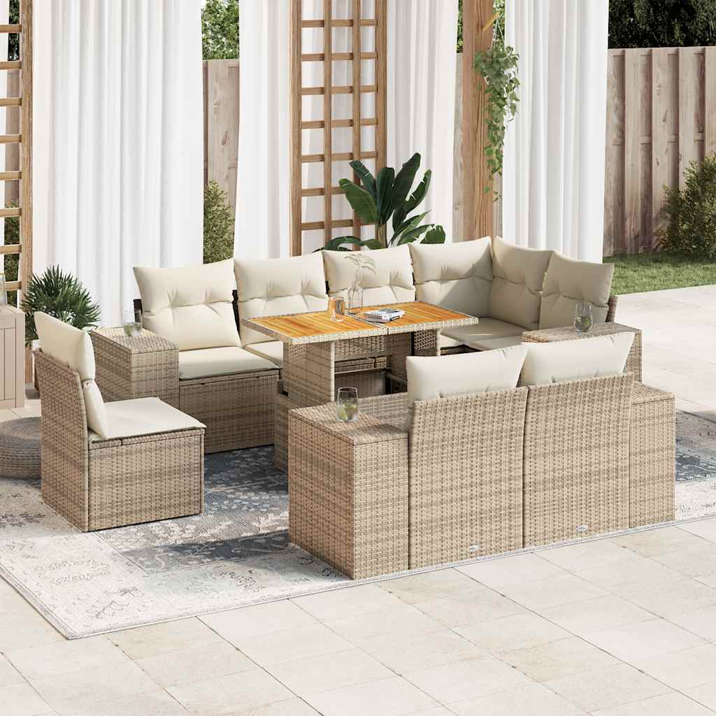 Set Divano da Giardino 9 pz con Cuscini Beige in Polyrattan