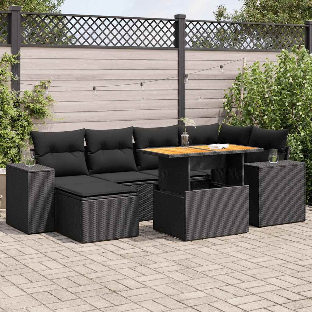 Set Divani da Giardino con Cuscini 7pz Nero Polyrattan