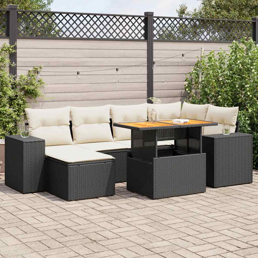 Set Divani da Giardino con Cuscini 7pz Nero Polyrattan