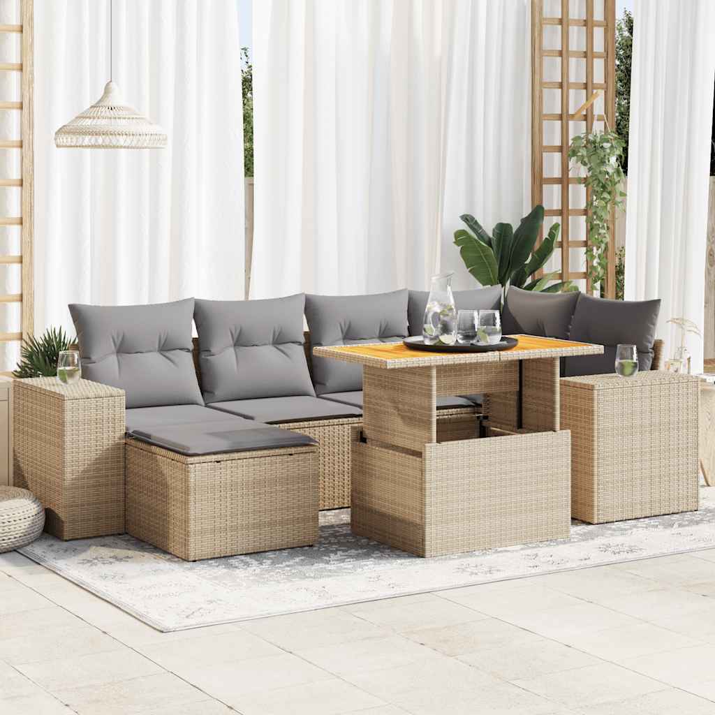 Set Divani da Giardino 7 pz con Cuscini Beige in Polyrattan