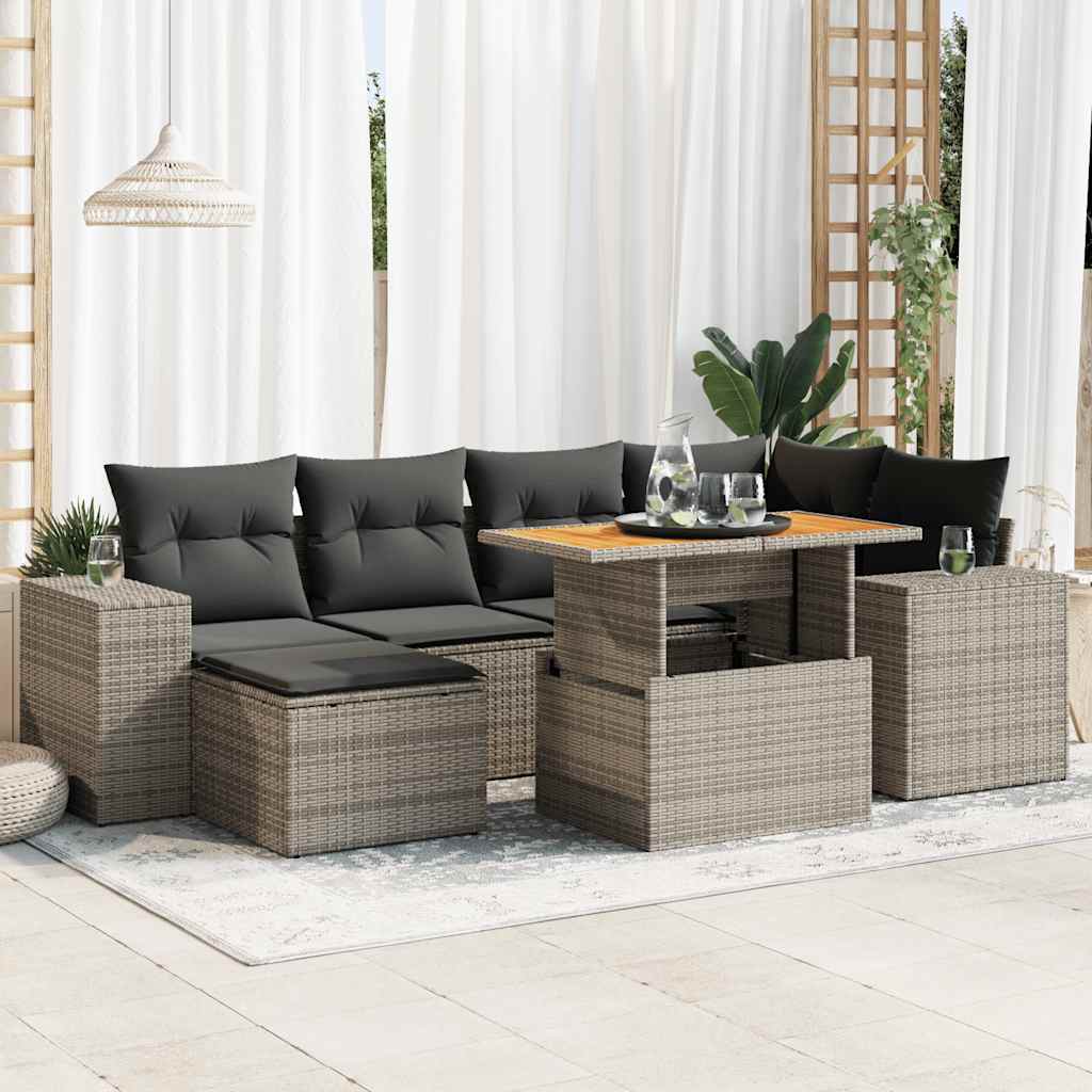 Set Divani da Giardino 7 pz con Cuscini Grigio in Polyrattan