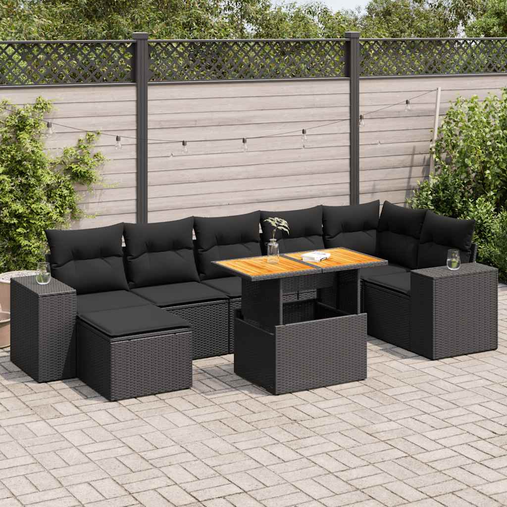 Set Divani da Giardino con Cuscini 8 pz Nero in Polyrattan