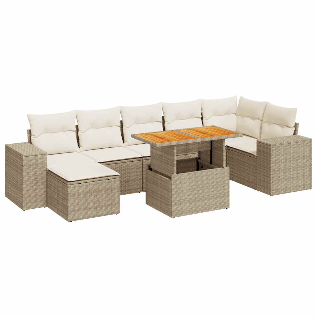 Set Divano da Giardino 8 pz con Cuscini Beige in Polyrattan