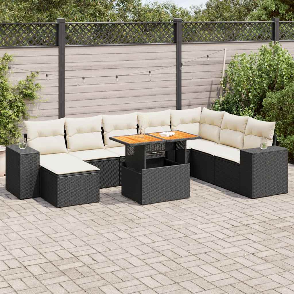 Set Divani da Giardino 9 pz con Cuscini Nero Polyrattan Acacia