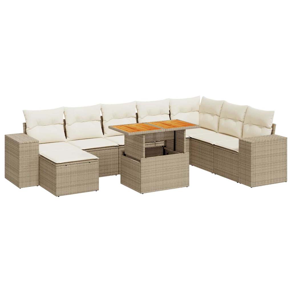 Set Divano da Giardino 9 pz con Cuscini Beige Polyrattan Acacia